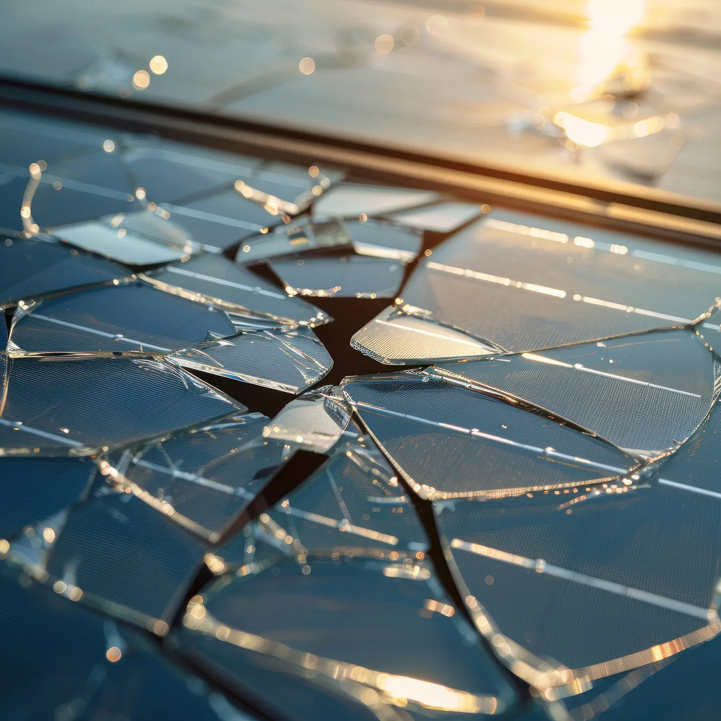 Nahaufnahme eines Solarmoduls, dessen Glasabdeckung sternförmig zersprungen ist; im Hintergrund die tief stehende Sonne