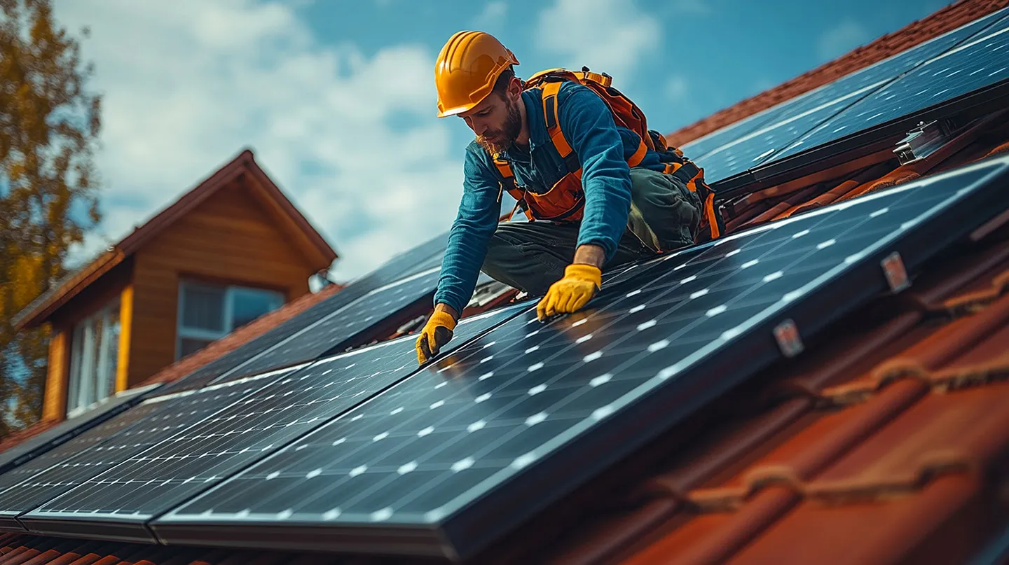 Monteur mit Helm und Sicherheitsgeschirr kniet auf einem Ziegeldach und prüft mit der Hand ein Solarmodul